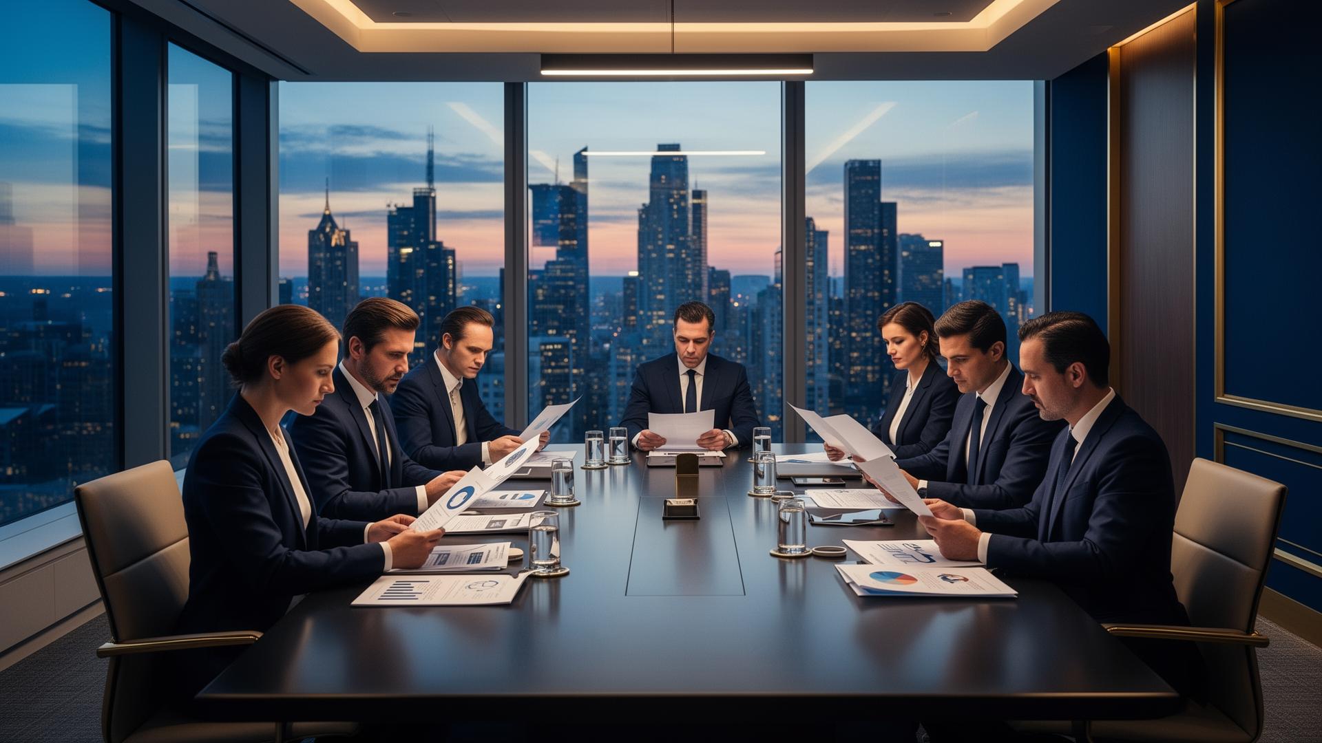 Equipo ejecutivo en sala de juntas corporativa